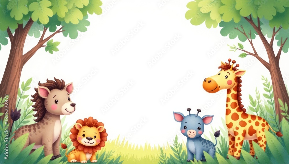 Obraz premium Cute Cartoon Safari Jungle Animals Family Frame with Blank Space. Excellent for children's books, educational materials, kids' party invitations, children's product packaging