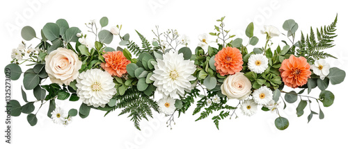 Png of A vibrant floral arrangement featuring soft peach, white, and green hues on transparent background.