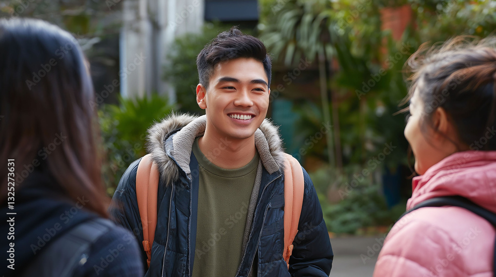 Asian student chatting outside with classmates Asian student chatting outside with classmates