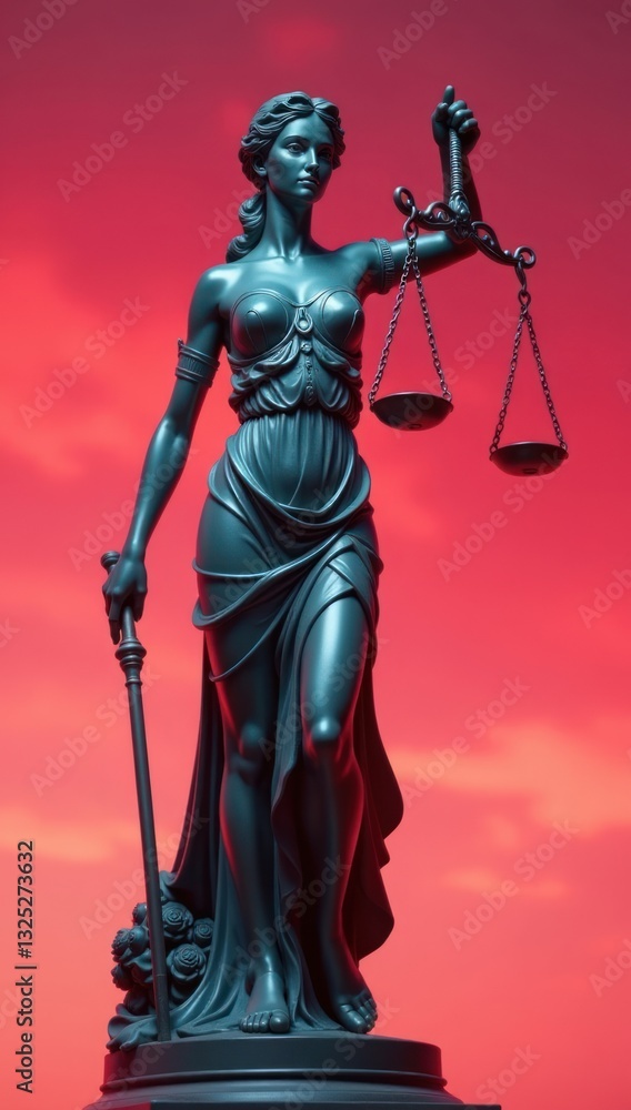 Lady Justice Against Dramatic Red Sky - Questioning Justice. Perfect for exploring ethical dilemmas, commentary on government and legal systems, discussions on fairness and equality in society Lady Justice Against Dramatic Red Sky - Questioning Justice. Perfect for exploring ethical dilemmas, commentary on government and legal systems, discussions on fairness and equality in society