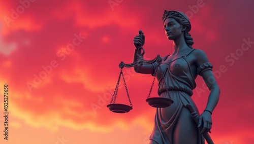 Lady Justice Against Dramatic Red Sky - Questioning Justice. Perfect for exploring ethical dilemmas, commentary on government and legal systems, discussions on fairness and equality in society