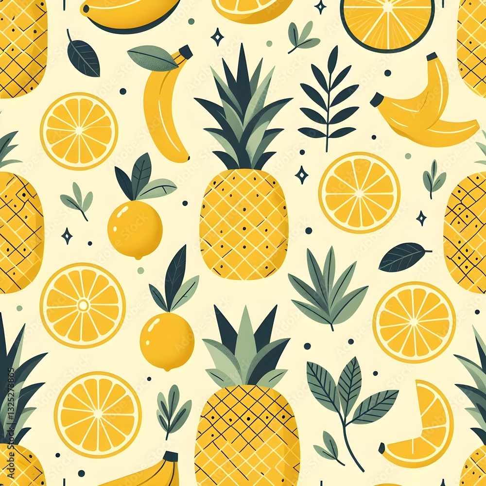 Minimalist yellow fruit pattern with stylized bananas, lemons, and pineapples, seamless modern design. Minimalist yellow fruit pattern with stylized bananas, lemons, and pineapples, seamless modern design.