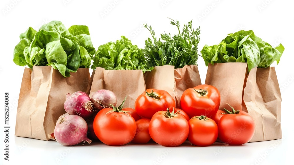 Paper bags with fresh vegetables on white Paper bags with fresh vegetables on white