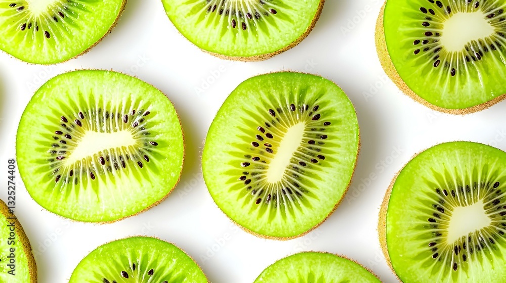 Fototapeta premium Macro shot of backlit kiwi fruit slices on white