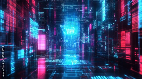 Abstract Cyberpunk Digital Space with Glowing Neon Lines and Data Structures