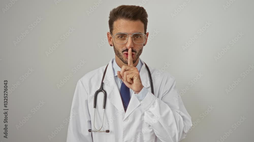 Doctor with glasses and stethoscope gestures for silence on a white background, emphasizing confidentiality and professionalism. Doctor with glasses and stethoscope gestures for silence on a white background, emphasizing confidentiality and professionalism.