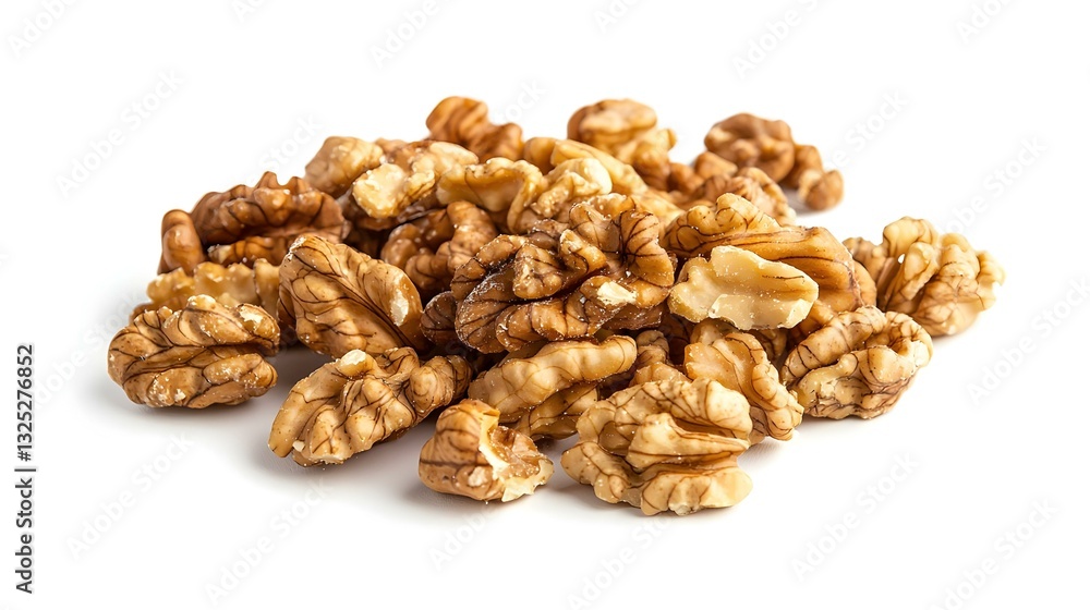 Dried walnut kernels arranged on a white Dried walnut kernels arranged on a white