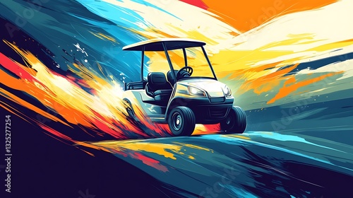 A golf cart is depicted speeding along a vibrant painted landscape