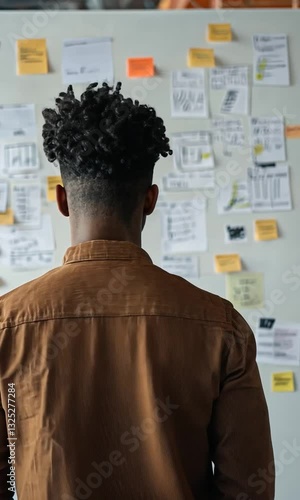 Individual analyzing project notes on a wall filled with sticky notes and diagrams in a creative workspace