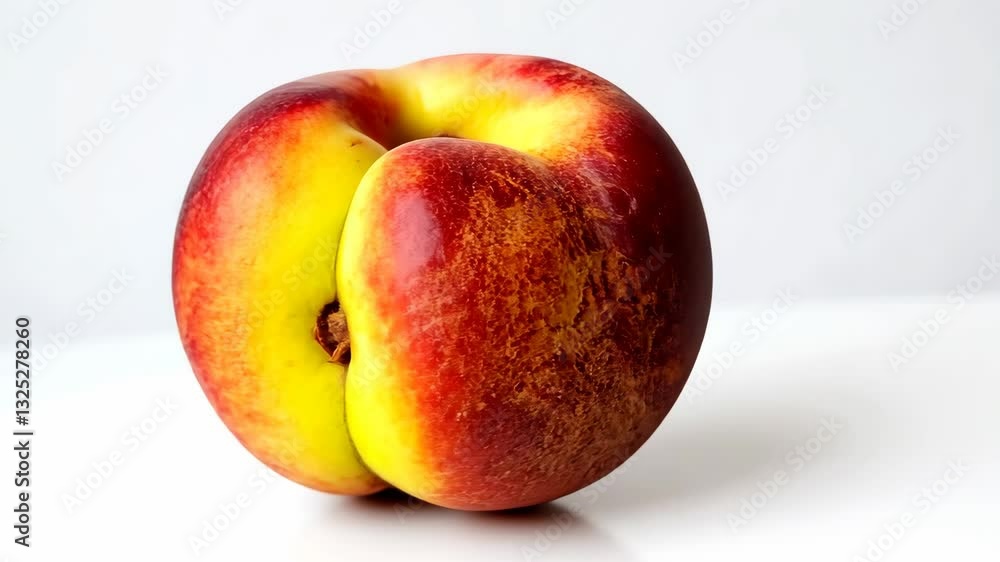 Ripe peach rotating on white surface: fresh fruit closeup with gradient colors Ripe peach rotating on white surface: fresh fruit closeup with gradient colors