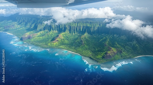 Wallpaper Mural View from an airplane window flying over Hawaii, showcasing volcanic peaks, lush green valleys, and the deep blue Pacific Ocean. Waves crash against the shore, and tropical clouds drift lazily above.  Torontodigital.ca