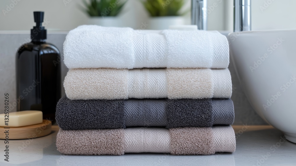Fluffy towels soap and dispenser in neutral bathroom Fluffy towels soap and dispenser in neutral bathroom