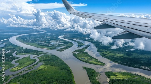 View from an airplane window flying over Louisiana, with the Mississippi Delta, swamps, and bayous visible below. The Gulf Coast glistens in the distance under a warm, humid sky. 