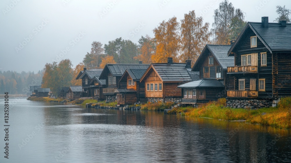 atmospheric autumn lakeside retreat scene featuring wooden cabins along still waters reflected scenic landscape atmospheric autumn lakeside retreat scene featuring wooden cabins along still waters reflected scenic landscape