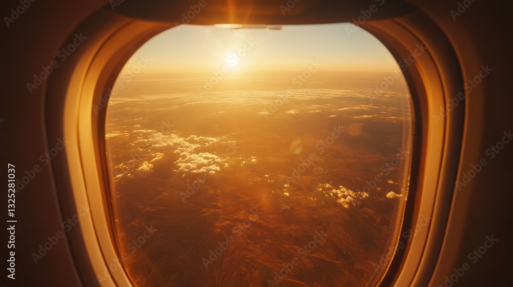 View from an airplane window flying over Oklahoma, with rolling plains, farmland, and the Red River visible below. The golden light of sunset illuminates the landscape.