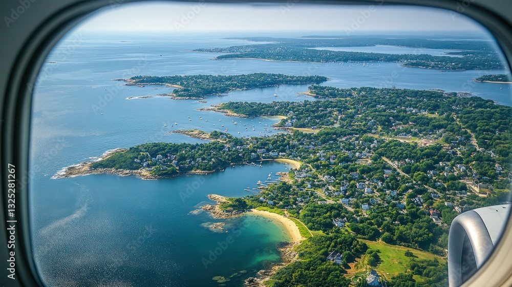 Fototapeta premium View from an airplane window flying over Rhode Island, showcasing the Atlantic coastline, small islands, and historic towns. The water sparkles under the sunlight