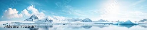 Expansive Arctic Scene with Icebergs and Mountains Under Blue Sky