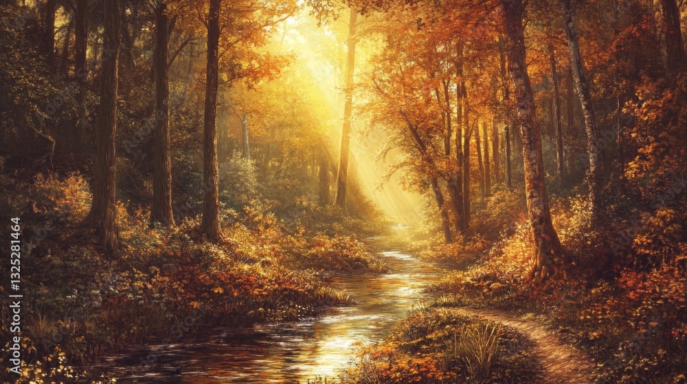 Autumn Forest Stream Sunlight Path Golden Trees Landscape Autumn Forest Stream Sunlight Path Golden Trees Landscape