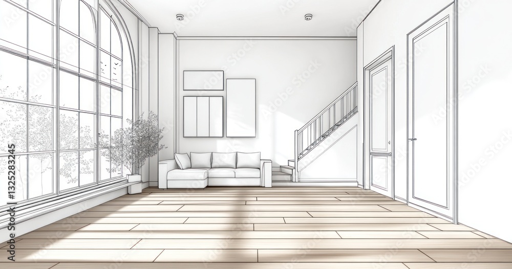 Wireframe rendering of a modern living room with large window, hardwood floors, and staircase. Wireframe rendering of a modern living room with large window, hardwood floors, and staircase.