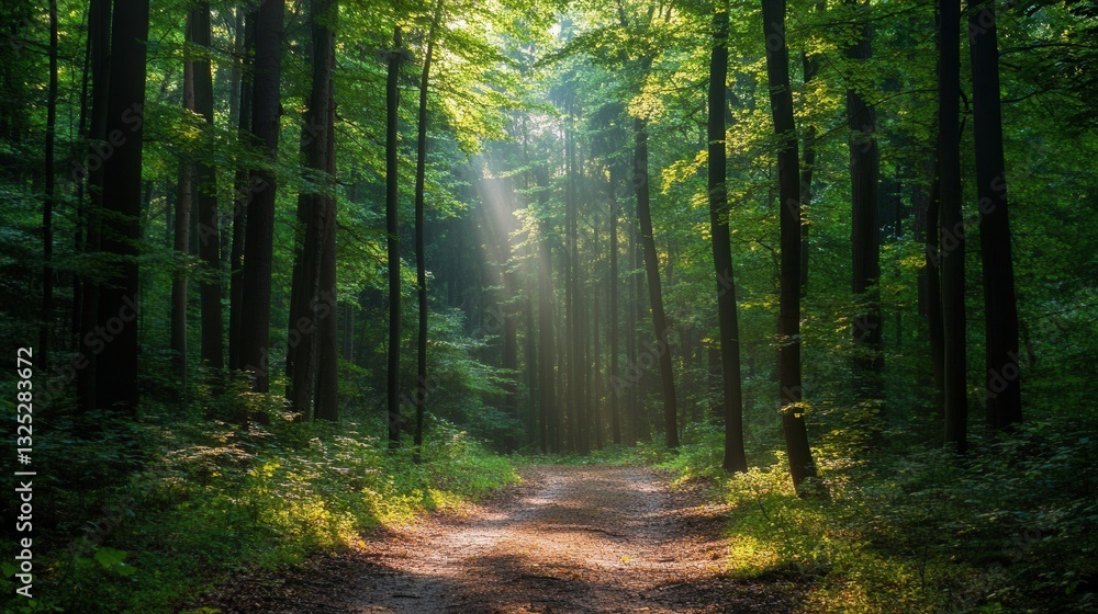 Naklejka premium Winding forest path leading through dense trees and dappled sunlight towards a serene natural backdrop