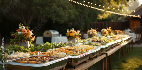A Banquet of Delights: A lavish buffet table laden with culinary creations set in a picturesque outdoor setting, evokes an atmosphere of celebration and indulgence.