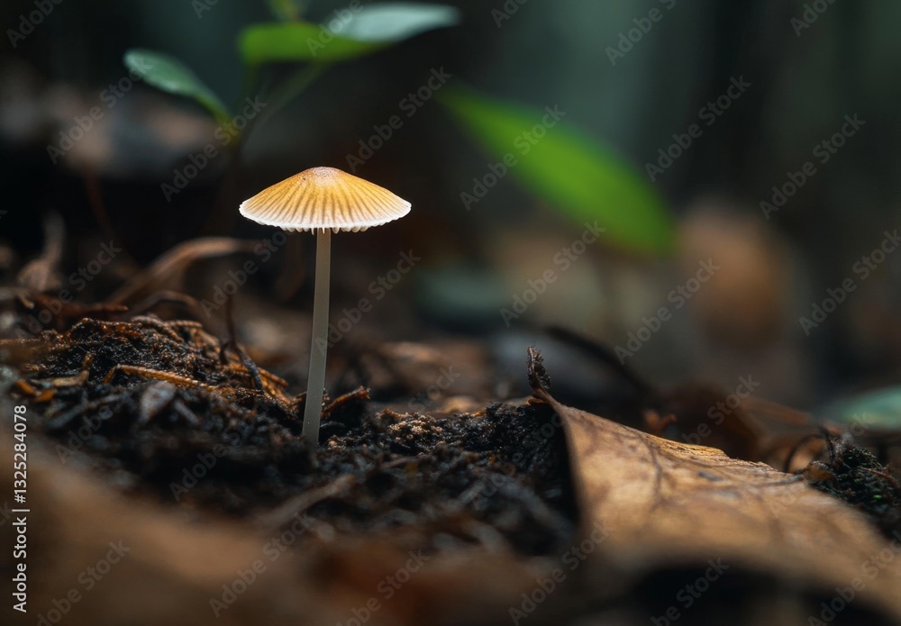 Delicate Mushroom Standing Alone in a Lush Forest Floor Surrounded by Green Plants and Dry Leaves in Natural Lighting Delicate Mushroom Standing Alone in a Lush Forest Floor Surrounded by Green Plants and Dry Leaves in Natural Lighting