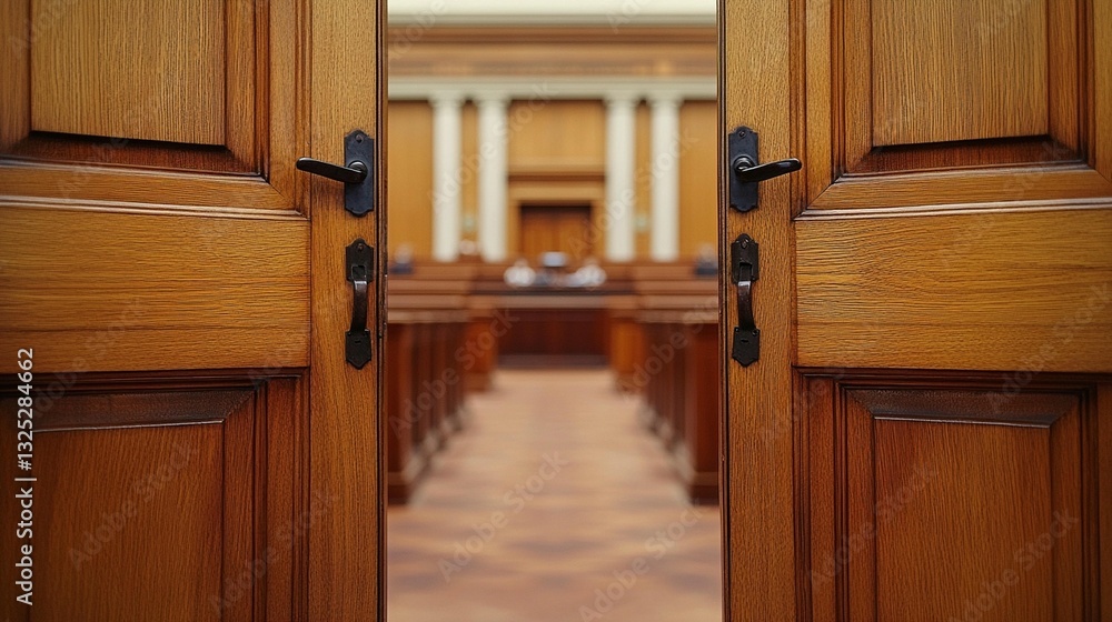 Obraz premium Open wooden doors reveal a courtroom interior.