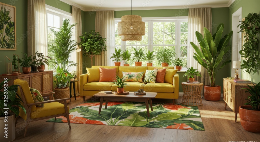 Fototapeta premium Cozy living room, mid-century modern design, yellow velvet sofa, orange armchair, large windows, abundant houseplants, botanical prints, wooden coffee table, green walls, woven area rug, round pendant