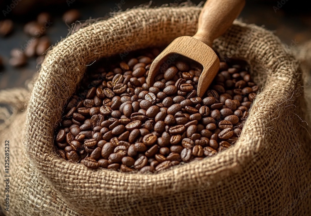 Freshly Roasted Coffee Beans in a Rustic Burlap Bag with a Wooden Scoop on a Dark Background Freshly Roasted Coffee Beans in a Rustic Burlap Bag with a Wooden Scoop on a Dark Background
