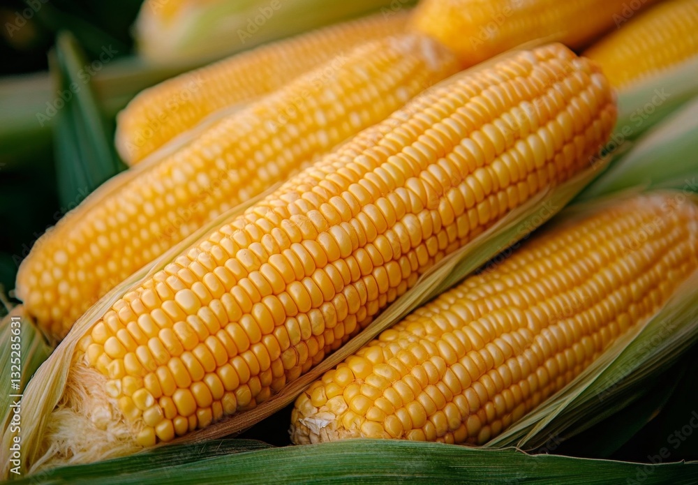 Freshly harvested corn cobs with vibrant yellow kernels nestled in green husks, showcasing healthy agricultural produce in a farm setting Freshly harvested corn cobs with vibrant yellow kernels nestled in green husks, showcasing healthy agricultural produce in a farm setting