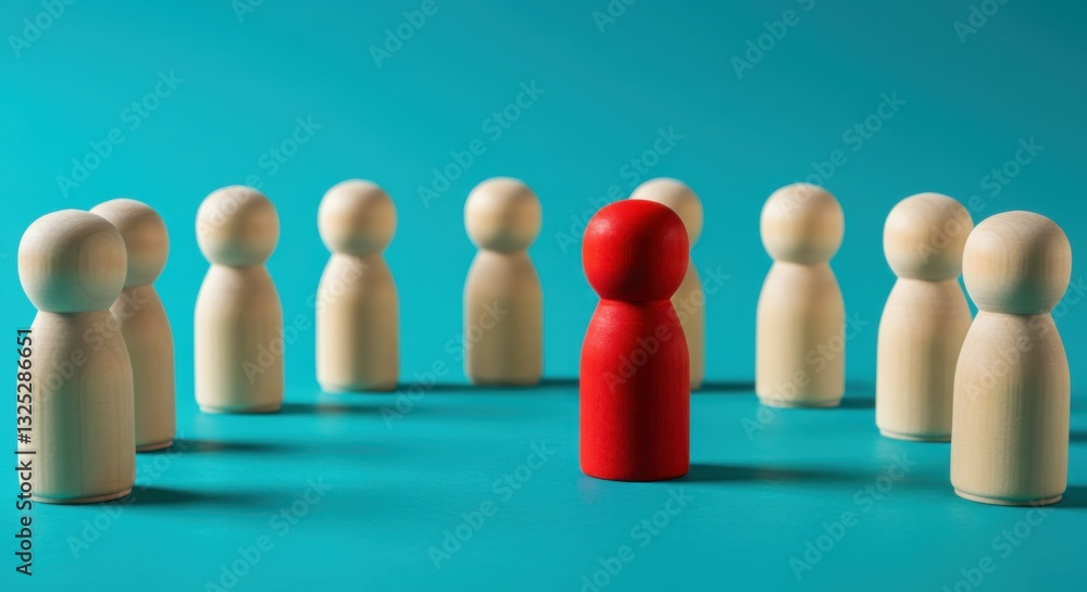 wooden figures, leadership concept, red figure standing out, group dynamics, teal background, minimalist composition, contrast, simplicity, business metaphor, individuality, team representation, stark wooden figures, leadership concept, red figure standing out, group dynamics, teal background, minimalist composition, contrast, simplicity, business metaphor, individuality, team representation, stark