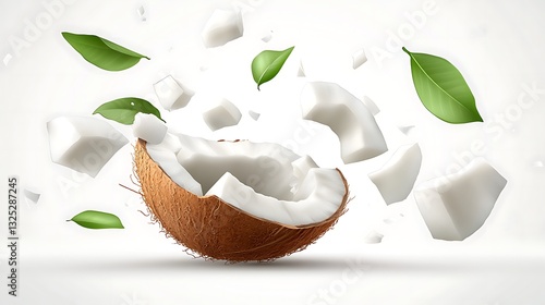 Coconut explosion, pieces flying against white backdrop