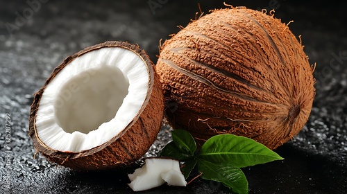 Coconut halved and whole with leaves on a black stone table