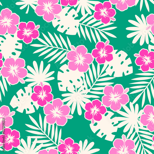 Pink hibiscus flowers with tropical leaf seamless pattern design for summer holidays background.