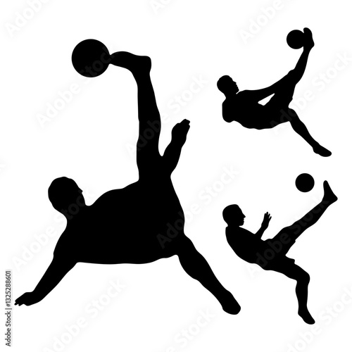 silhouette play football, player somersault with ball on white background