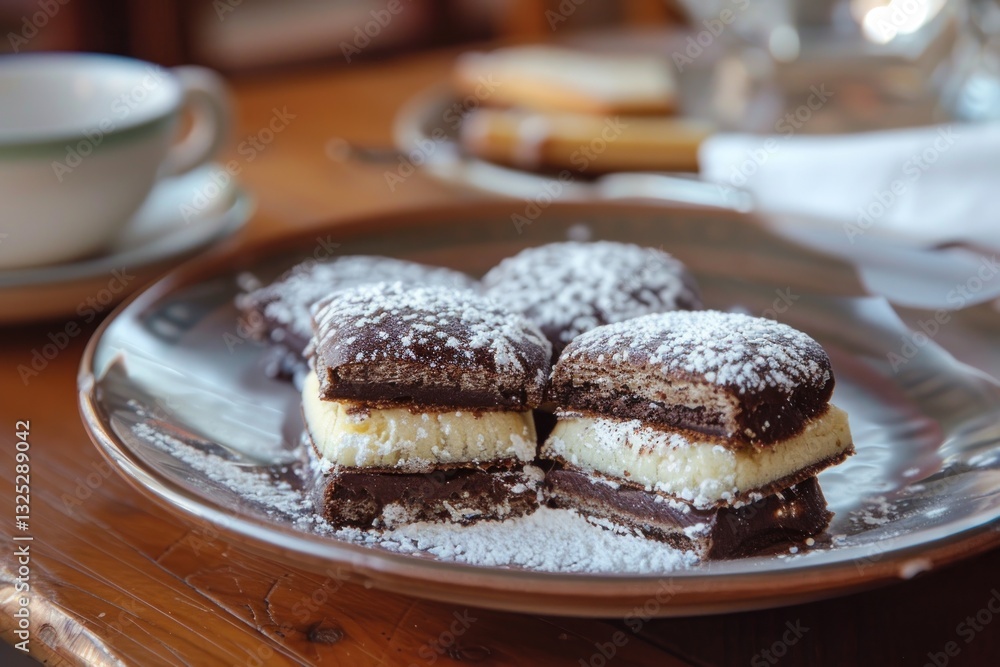 Delicious Chocolate and Cream Dessert Served on a Glass Plate with Powdered Sugar Perfect for Delicious Chocolate and Cream Dessert Served on a Glass Plate with Powdered Sugar Perfect for