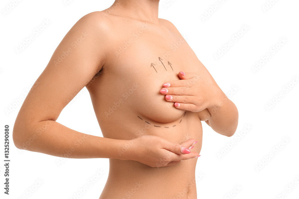 Fototapeta premium Naked young woman with marks on her breast against white background, closeup. Plastic surgery concept