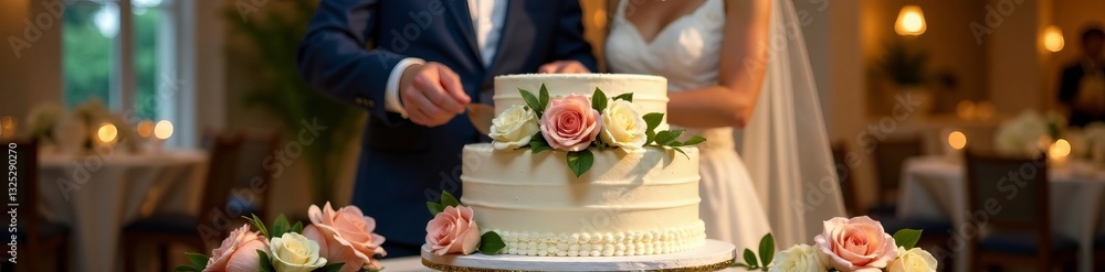 A newlywed couple cuts their elegant wedding cake adorned with fresh flowers. A newlywed couple cuts their elegant wedding cake adorned with fresh flowers.