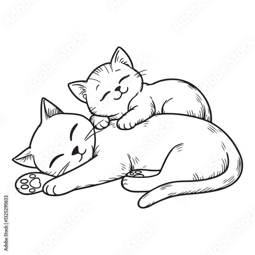 Line art of kitten lying on sleeping mother cat body cartoon vector
