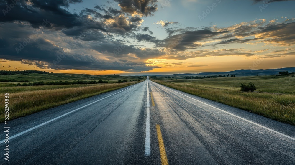 Naklejka premium A long straight road stretches through scenic green countryside at dusk