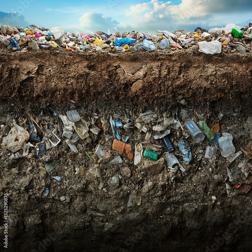 Cross-section of landfill showing surface waste and buried decomposition