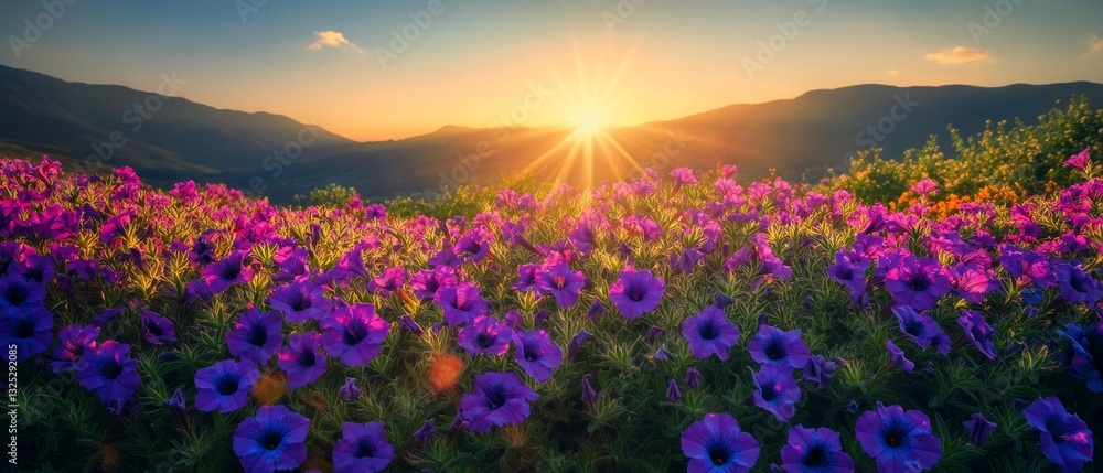 Obraz premium Blooming petunias at sunrise over mountains 