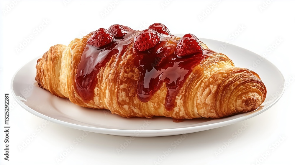 Appetizing croissant sprinkled with strawberry syrup on a white background, isolate Appetizing croissant sprinkled with strawberry syrup on a white background, isolate