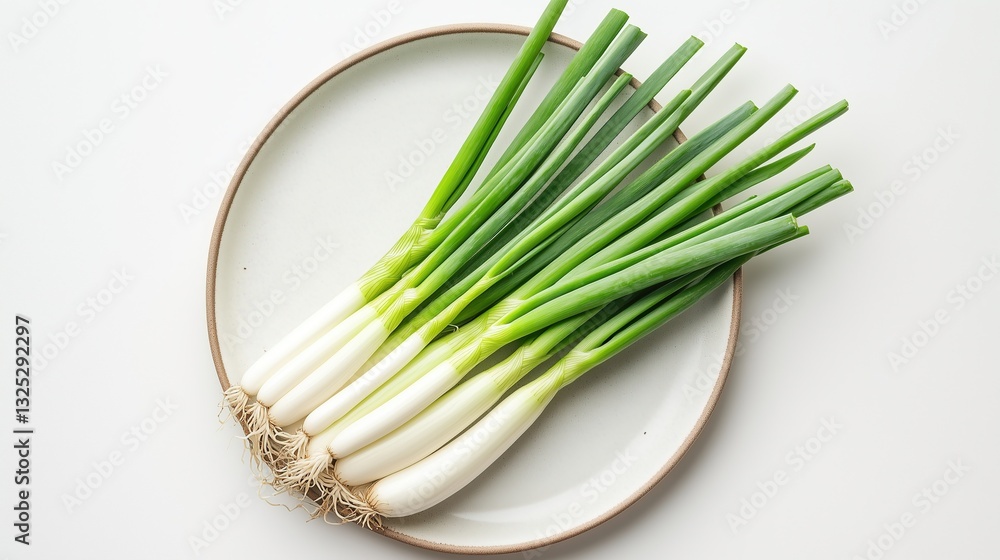 Fresh long onion on a plate on a white background, isolate Fresh long onion on a plate on a white background, isolate