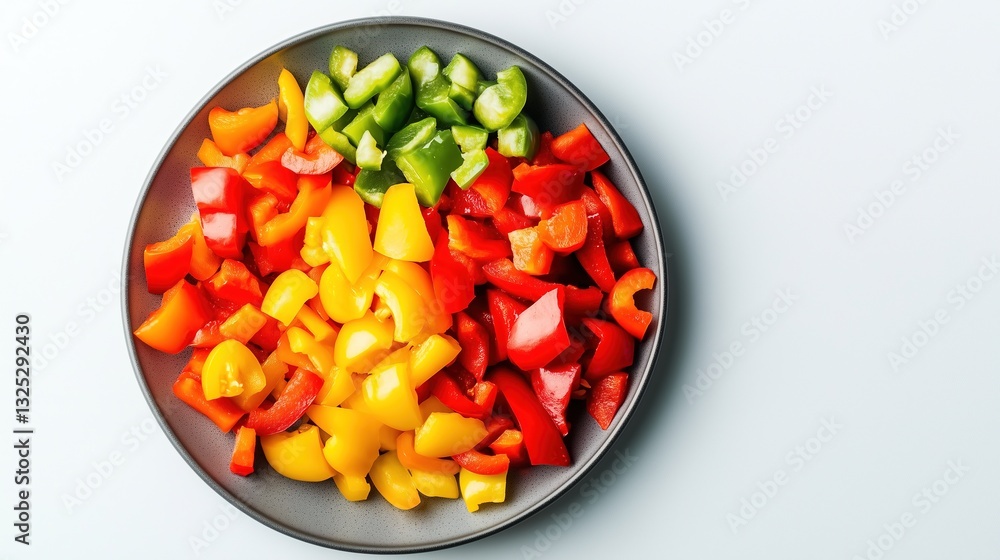 Diced sweet peppers in a plate, top view on a white background, isolate Diced sweet peppers in a plate, top view on a white background, isolate