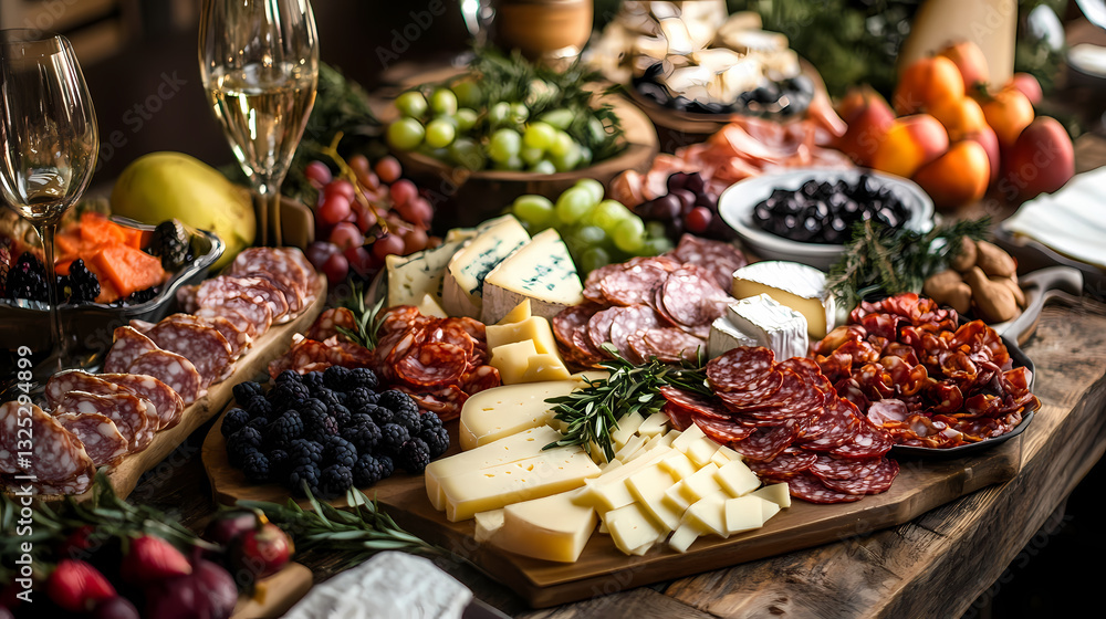 A Culinary Feast: An overhead view of a lavish charcuterie board laden with various cheeses, cured meats, olives, grapes, and fruits, accompanied by drinks. A Culinary Feast: An overhead view of a lavish charcuterie board laden with various cheeses, cured meats, olives, grapes, and fruits, accompanied by drinks.