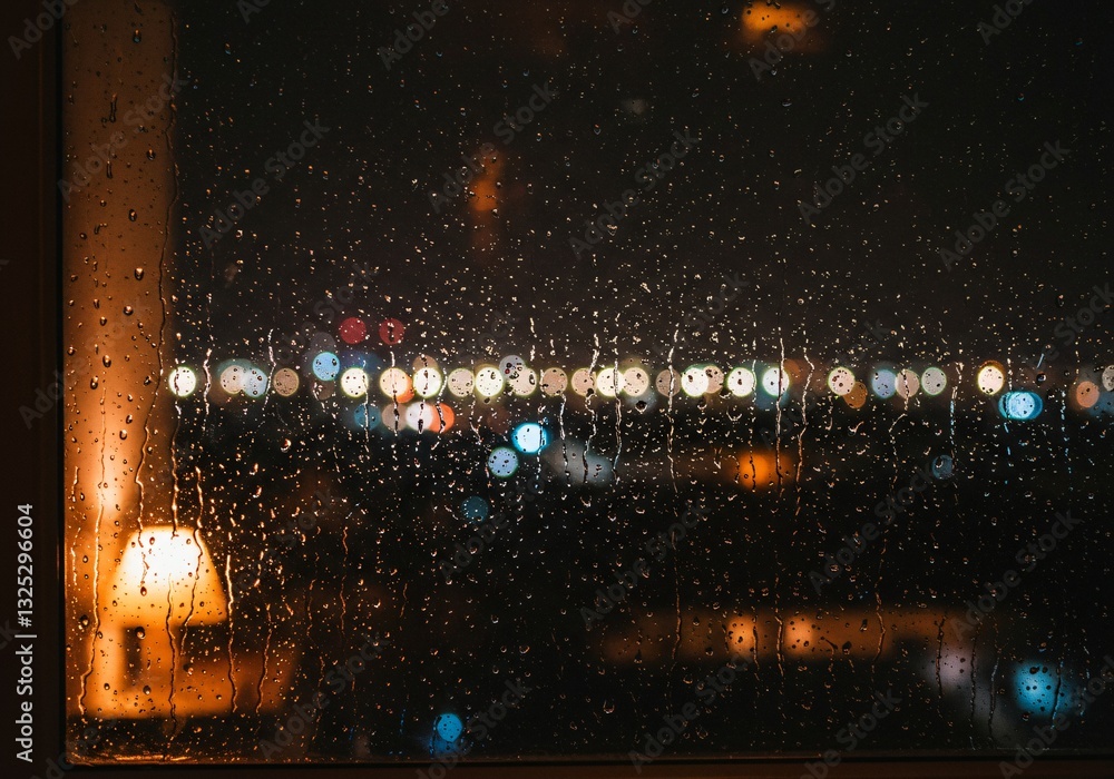 Fototapeta premium Romantic window view with raindrops and soft glowing city lights, Raindrops, windows, windows, night view, city night view