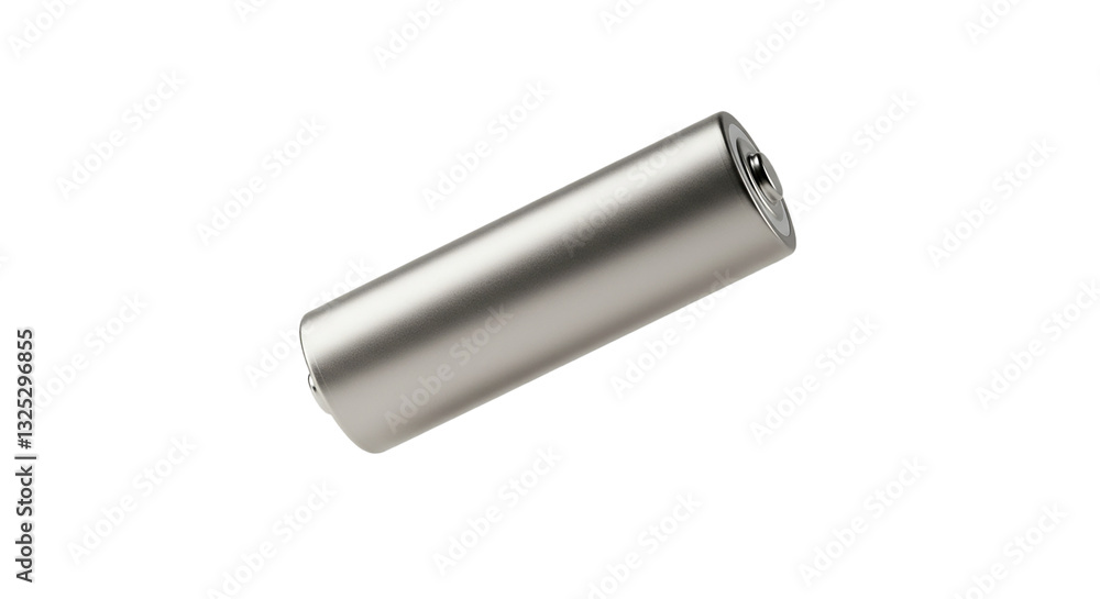 A highly detailed AAA battery mockup, floating in mid-air against a clean, isolated background. The battery has a smooth, unmarked metallic finish with subtle reflections, no text, logos, symbols A highly detailed AAA battery mockup, floating in mid-air against a clean, isolated background. The battery has a smooth, unmarked metallic finish with subtle reflections, no text, logos, symbols
