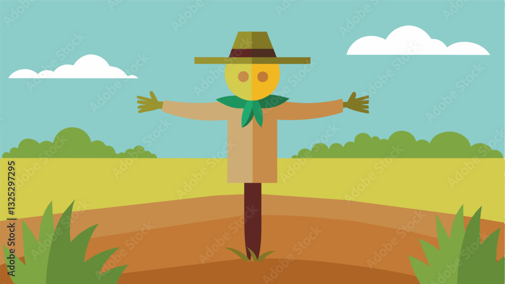With no birds to frighten away and no crops to protect the solitary scarecrow became a symbol of the diminishing importance of oldfashioned farming techniques.. Vector illustration With no birds to frighten away and no crops to protect the solitary scarecrow became a symbol of the diminishing importance of oldfashioned farming techniques.. Vector illustration