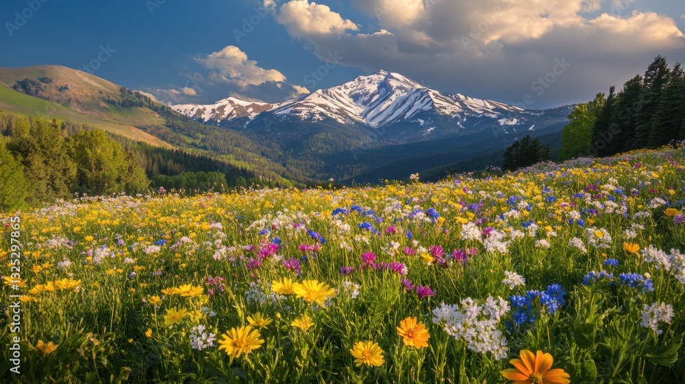 Fototapeta premium Beautiful colorful wild flowers with snow mountain in Spring.
